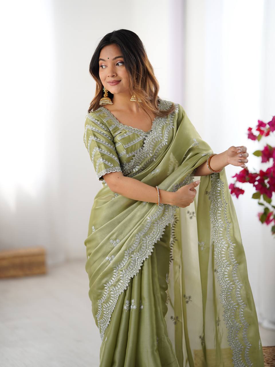 Women's Elegant Regal Purple Georgette Saree with Intricate Silver Thread & Sequin Embroidery â Complete with Embellished Blouse Piece for Festive & Party Wear