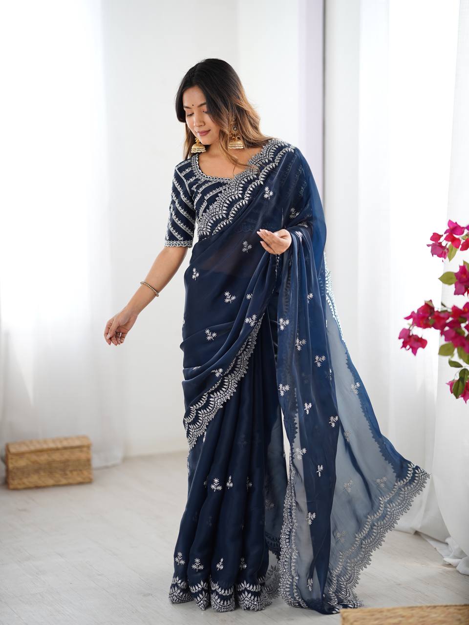 Women's Elegant Regal Purple Georgette Saree with Intricate Silver Thread & Sequin Embroidery â Complete with Embellished Blouse Piece for Festive & Party Wear - Navy Blue