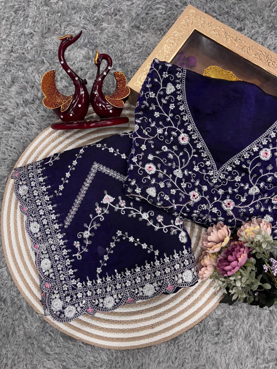 Royal Blue Embroidered Blouse Piece with Intricate Mirror, Sequin & Floral Threadwork â Ready-to-Stitch Fabric for Sarees & Festive Ethnic Wear