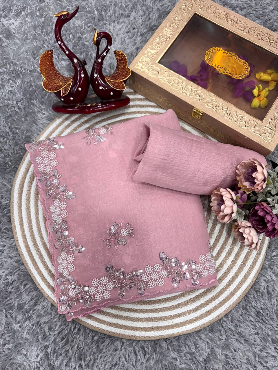 Women's Soft Pink Organza Saree with Delicate Pearl & Sequin Floral Embroidery â Lightweight Sheer Drape for Festive, Wedding & Party Wear - soft blush pink
