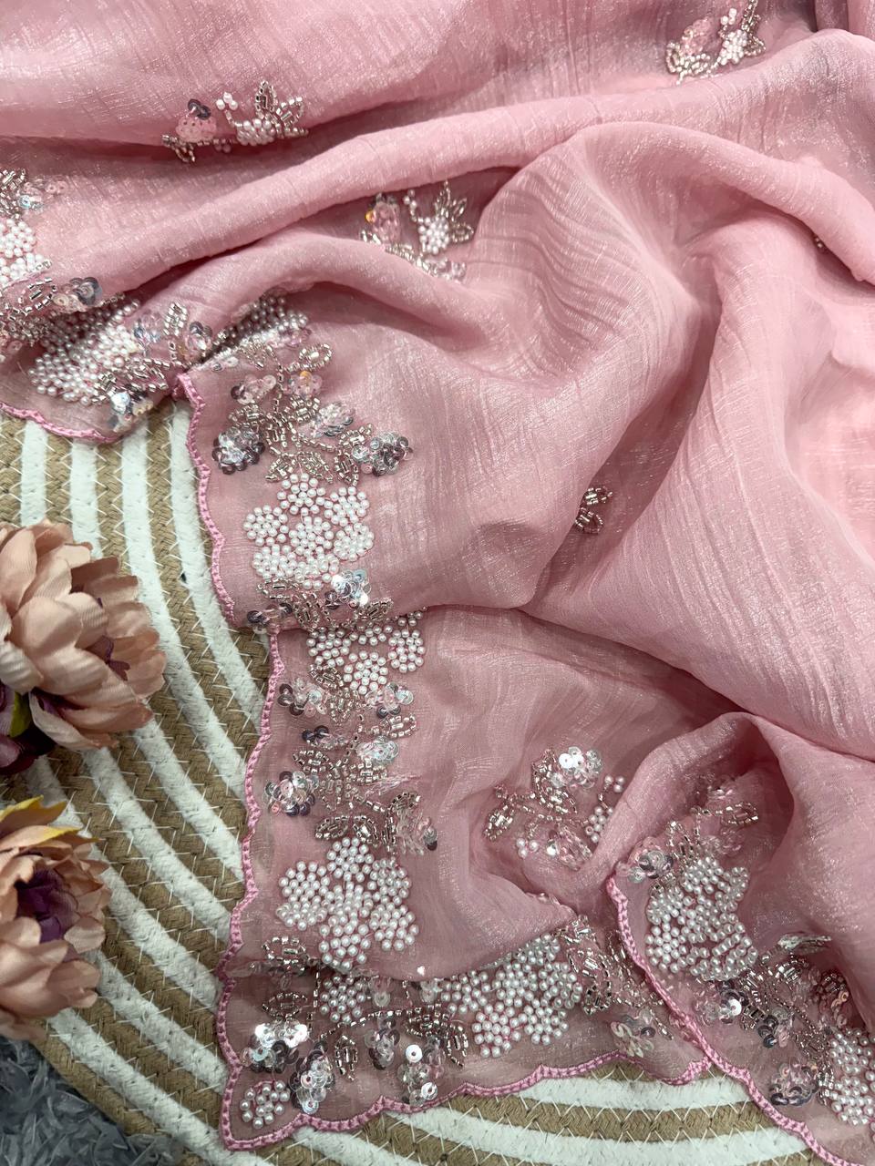 Women's Soft Pink Organza Saree with Delicate Pearl & Sequin Floral Embroidery â Lightweight Sheer Drape for Festive, Wedding & Party Wear