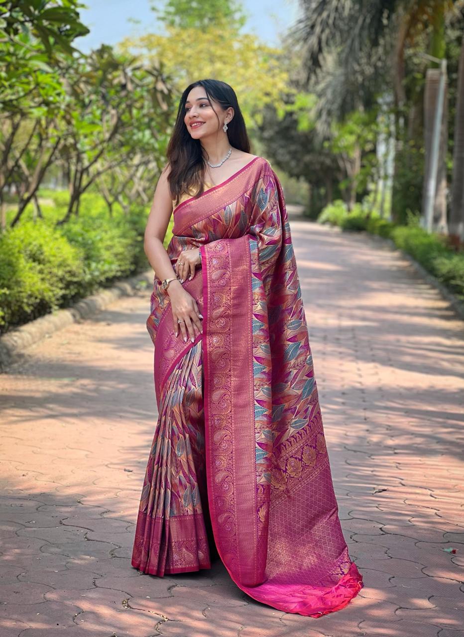 Women's Luxurious Pista Green & Pink Art Silk Saree with Intricate Leaf Weave & Broad Zari Border â Ideal for Festive & Wedding Occasions - Magenta/Pink
