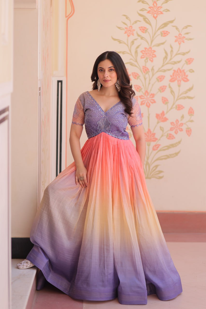 Women's Dual-Tone Ombre Gown in Candy Pink & Aqua Green with Embroidered Bodice â Festive & Contemporary Wear - Lavender/Light Purple, M (38)