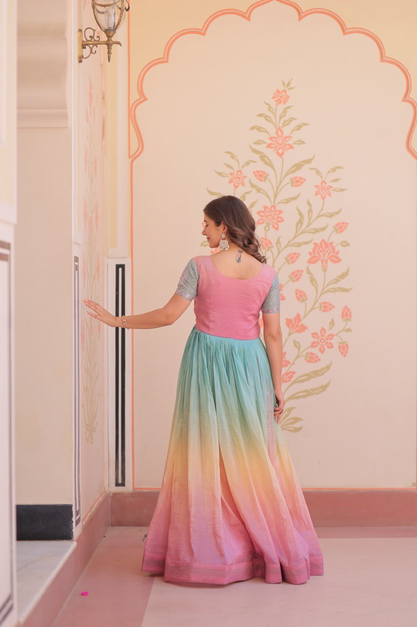 Women's Dual-Tone Ombre Gown in Candy Pink & Aqua Green with Embroidered Bodice â Festive & Contemporary Wear - Light And Aqua, M (38)