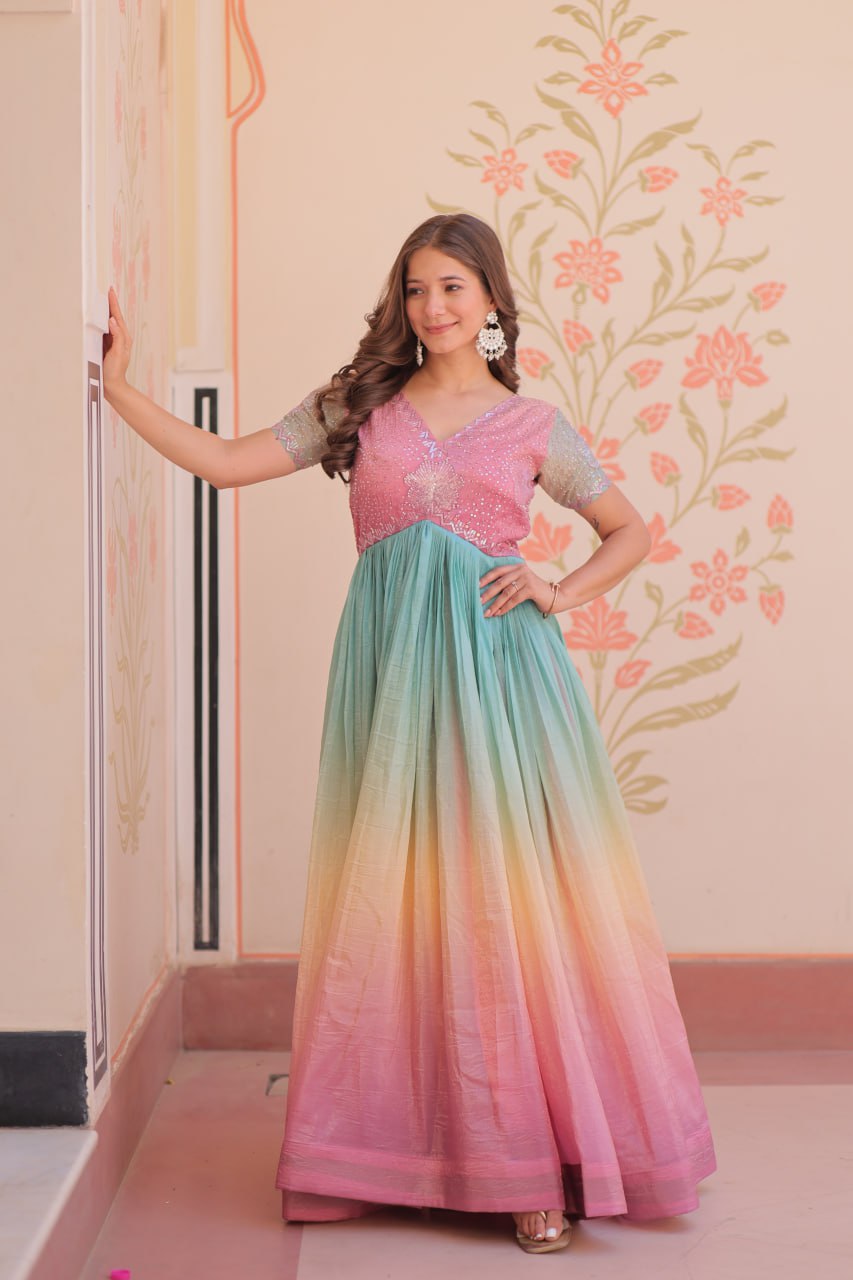 Women's Dual-Tone Ombre Gown in Candy Pink & Aqua Green with Embroidered Bodice â Festive & Contemporary Wear - Light And Aqua, L (40)