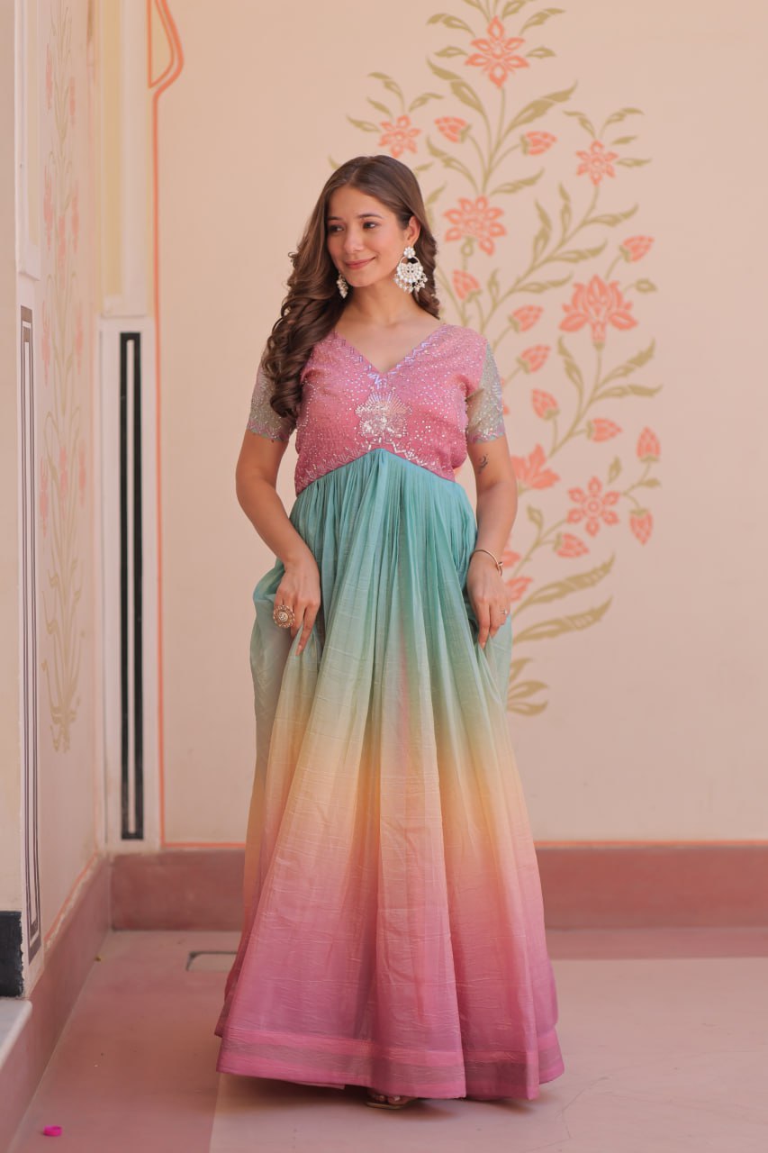 Women's Dual-Tone Ombre Gown in Candy Pink & Aqua Green with Embroidered Bodice â Festive & Contemporary Wear - Light And Aqua, XXL (44)