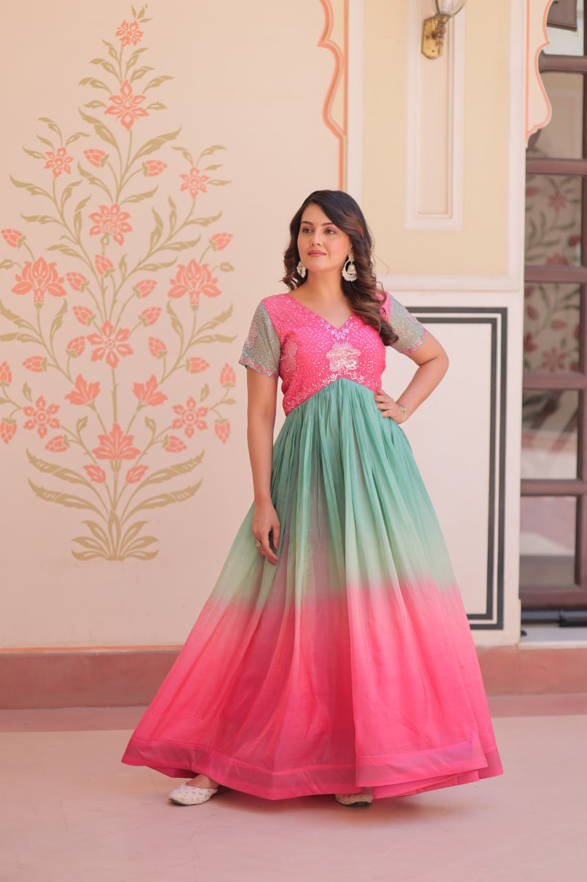 Women's Dual-Tone Ombre Gown in Candy Pink & Aqua Green with Embroidered Bodice â Festive & Contemporary Wear - Pink And Teal/Mint Green, L (40)