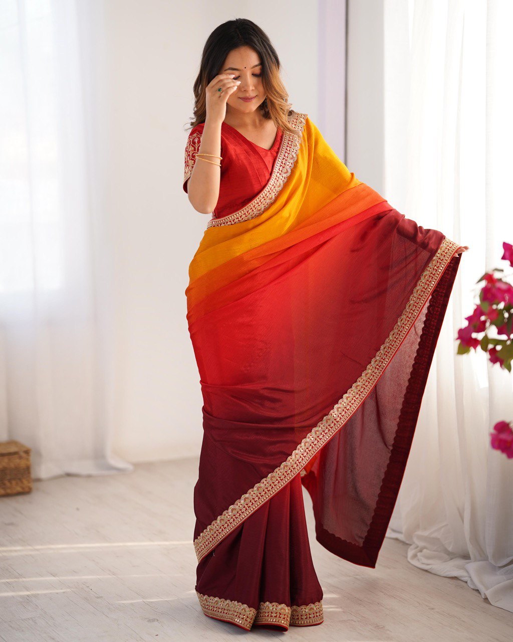Women's Elegant Ombre Green Georgette Saree with Intricate Golden Zari & Stone Embellishments â Complete with Heavily Worked Blouse for Festive & Wedding Wear - Orange, Red, and Maroon shades
