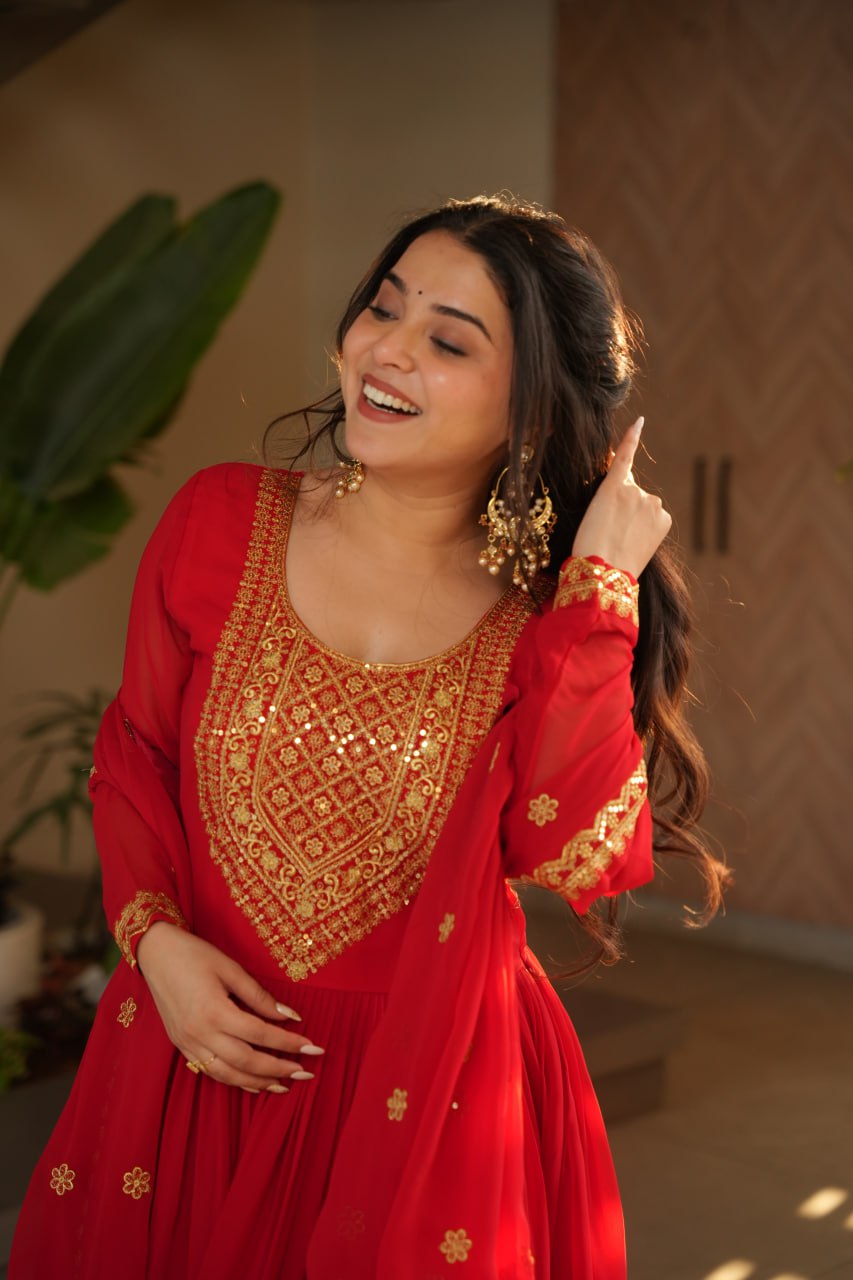 Women's Radiant Red Anarkali Suit Set with Golden Zari & Sequin Embroidery â Perfect for Festive & Wedding Occasions - Red, XXL (44)