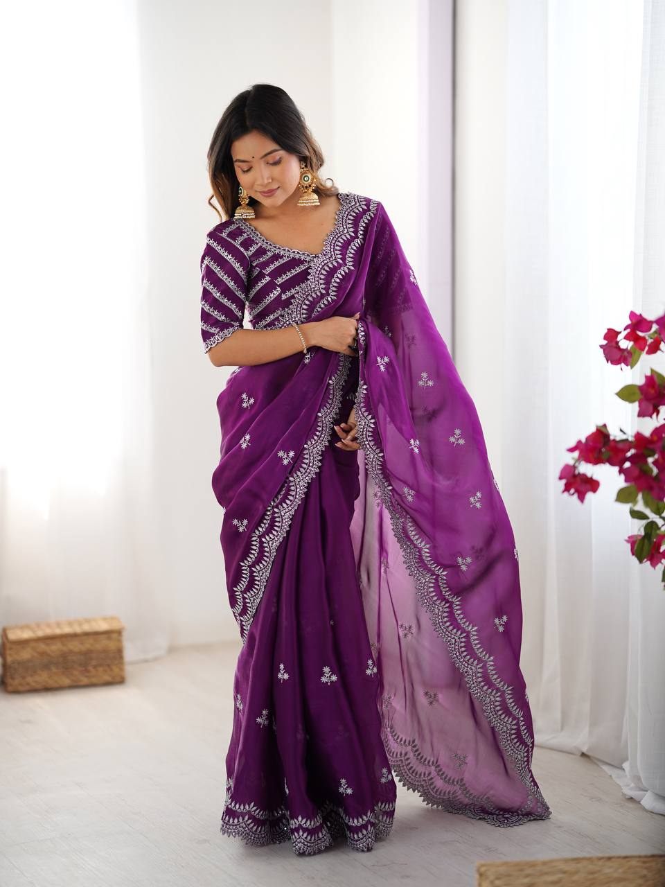Women's Elegant Regal Purple Georgette Saree with Intricate Silver Thread & Sequin Embroidery â Complete with Embellished Blouse Piece for Festive & Party Wear - Purple