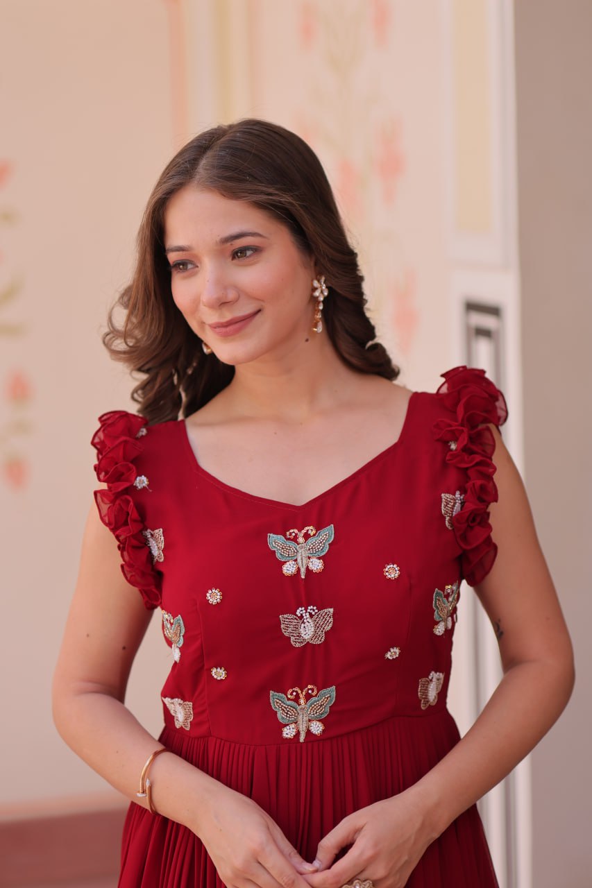 Women's Elegant Plum Purple Georgette Anarkali Gown with Butterfly Applique & Ruffle Sleeves â Festive & Special Occasion Wear - Maroon, M (38)