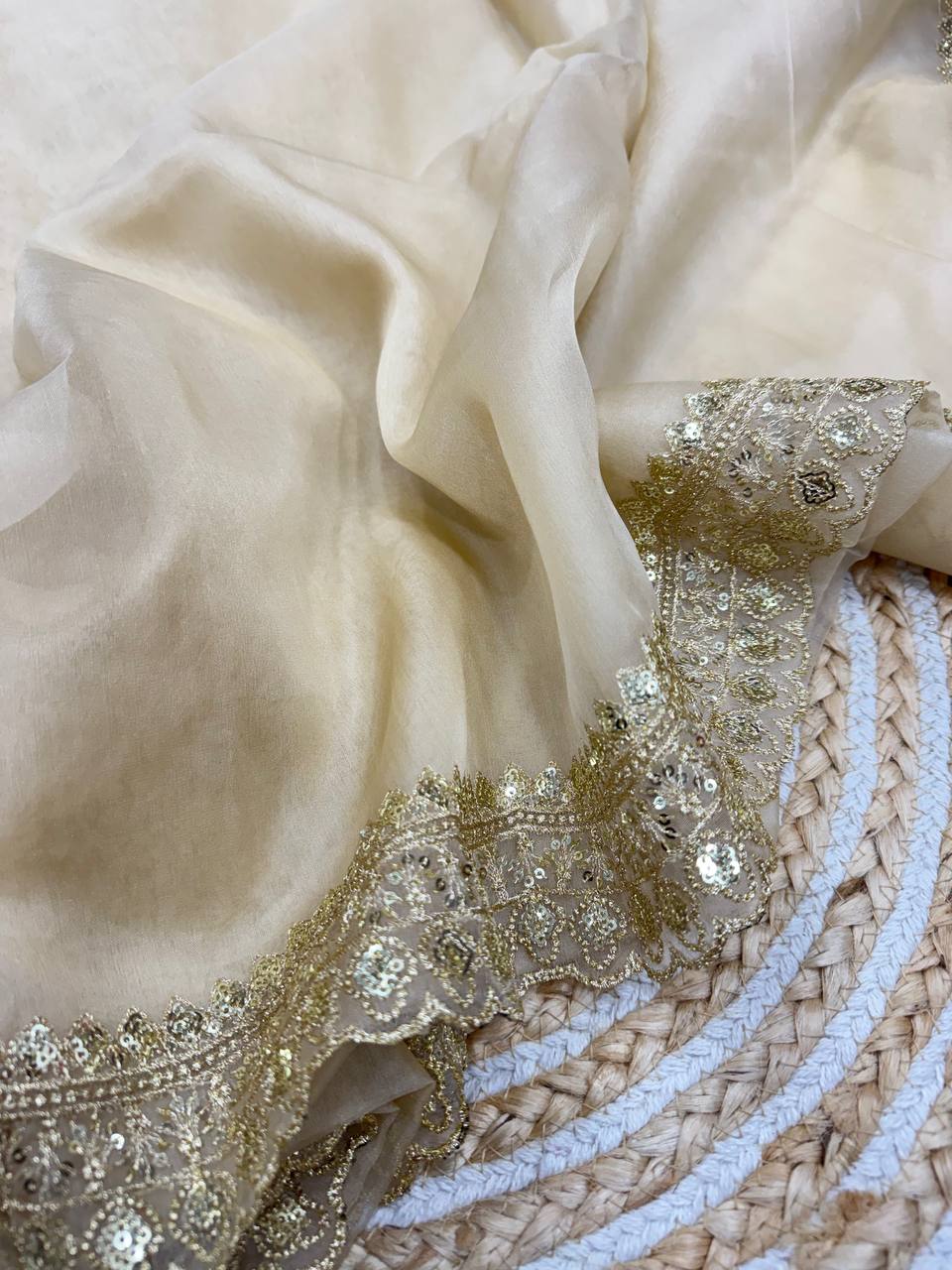 Luxurious Ivory Organza Dupatta with Heavy Golden Sequin & Zari Cutwork Border â Perfect for Weddings & Festive Layering