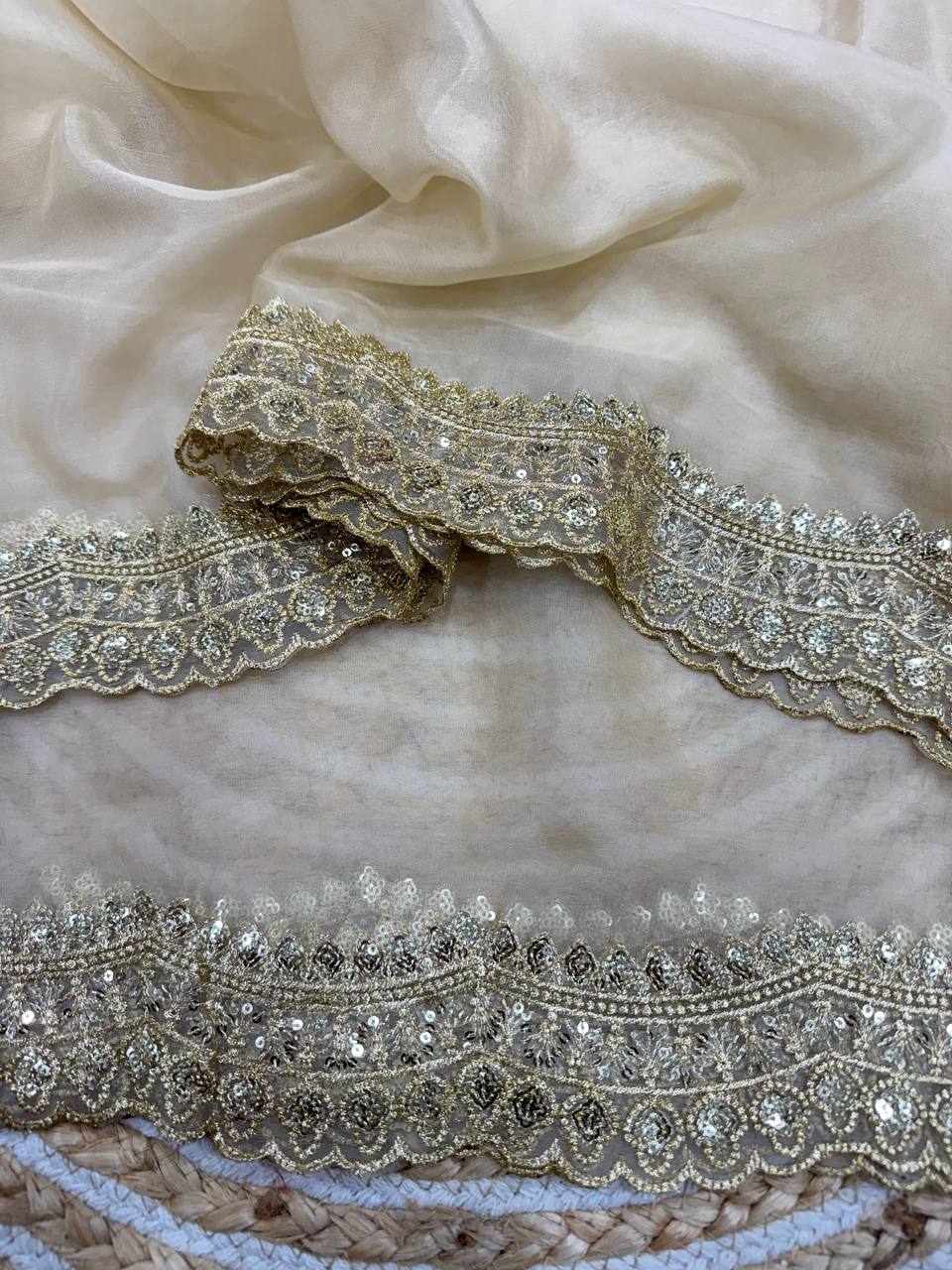 Luxurious Ivory Organza Dupatta with Heavy Golden Sequin & Zari Cutwork Border â Perfect for Weddings & Festive Layering - Cream/Light Gold