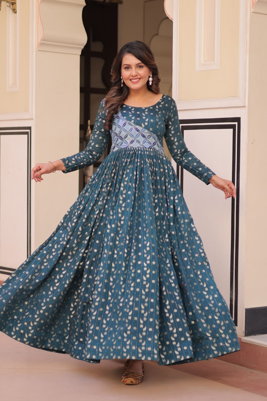 Women's Festive Berry Purple Printed Anarkali Gown with Intricate Zari Work & Embellished Yoke â Perfect for Traditional & Celebration Wear - Bluish-Green, XL (42)