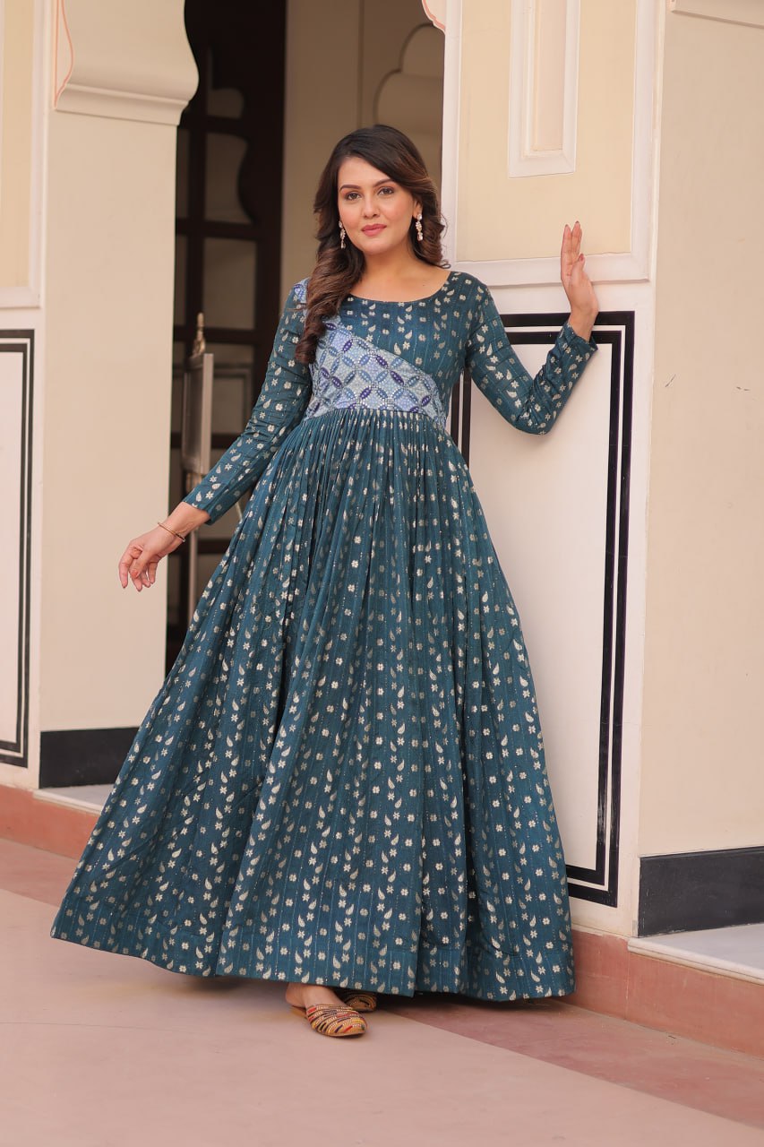 Women's Festive Berry Purple Printed Anarkali Gown with Intricate Zari Work & Embellished Yoke â Perfect for Traditional & Celebration Wear - Bluish-Green, L (40)