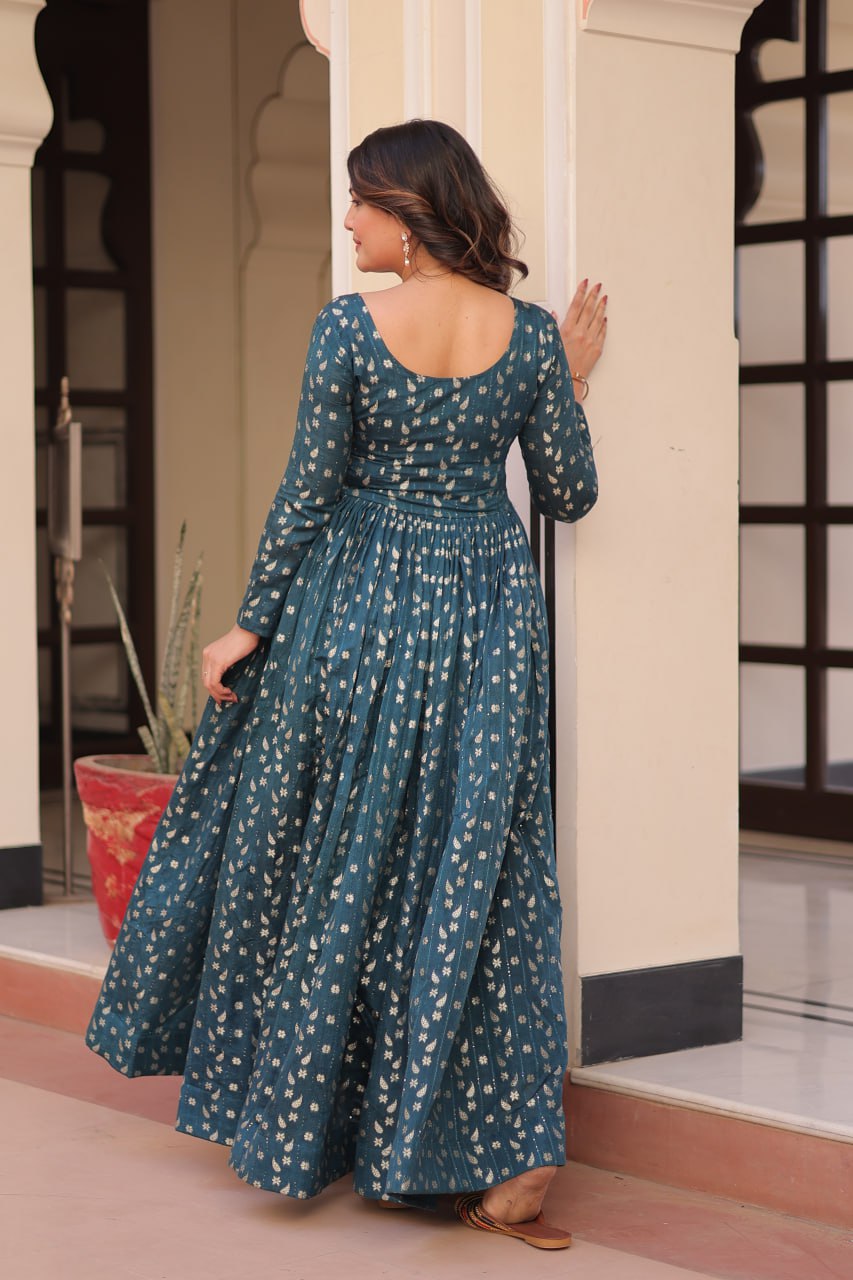 Women's Festive Berry Purple Printed Anarkali Gown with Intricate Zari Work & Embellished Yoke â Perfect for Traditional & Celebration Wear - Bluish-Green, M (38)