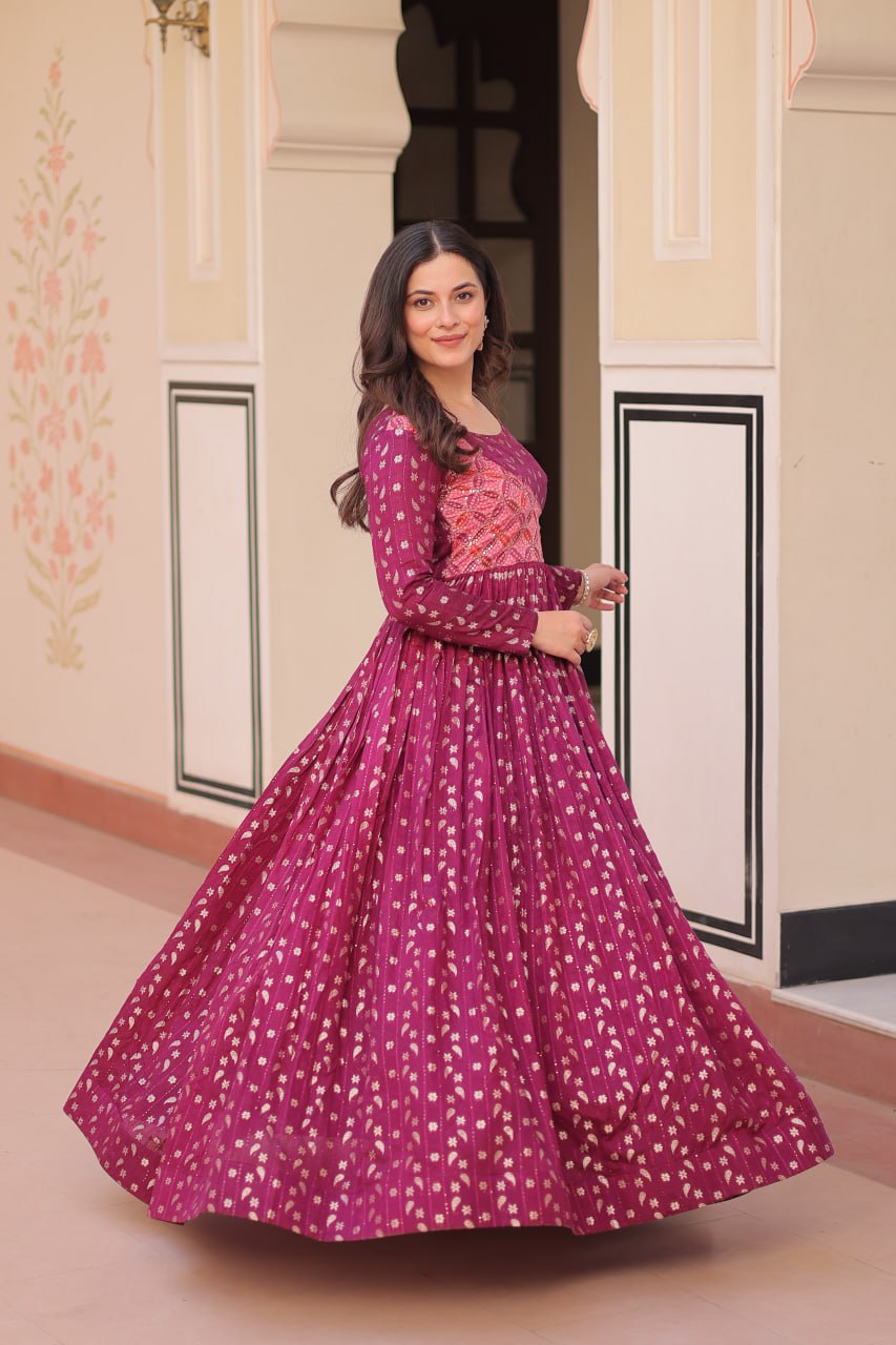 Women's Festive Berry Purple Printed Anarkali Gown with Intricate Zari Work & Embellished Yoke â Perfect for Traditional & Celebration Wear