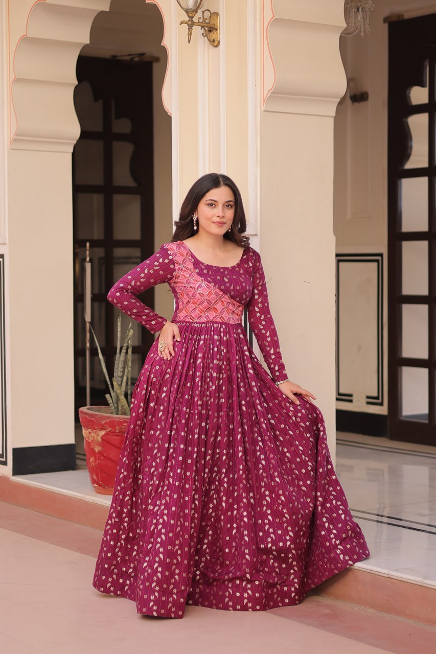Women's Festive Berry Purple Printed Anarkali Gown with Intricate Zari Work & Embellished Yoke â Perfect for Traditional & Celebration Wear - Deep Magenta, M (38)
