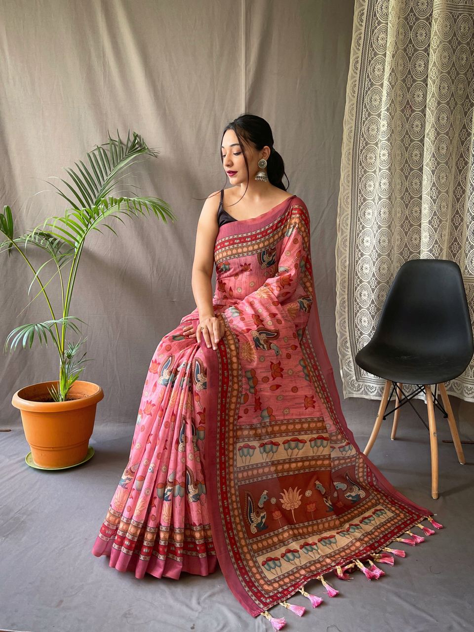 Women's Artistic Terracotta Orange Linen Saree with Kalamkari Inspired Print & Tassel Detailing â Perfect for Casual Festivities & Cultural Events - Pink