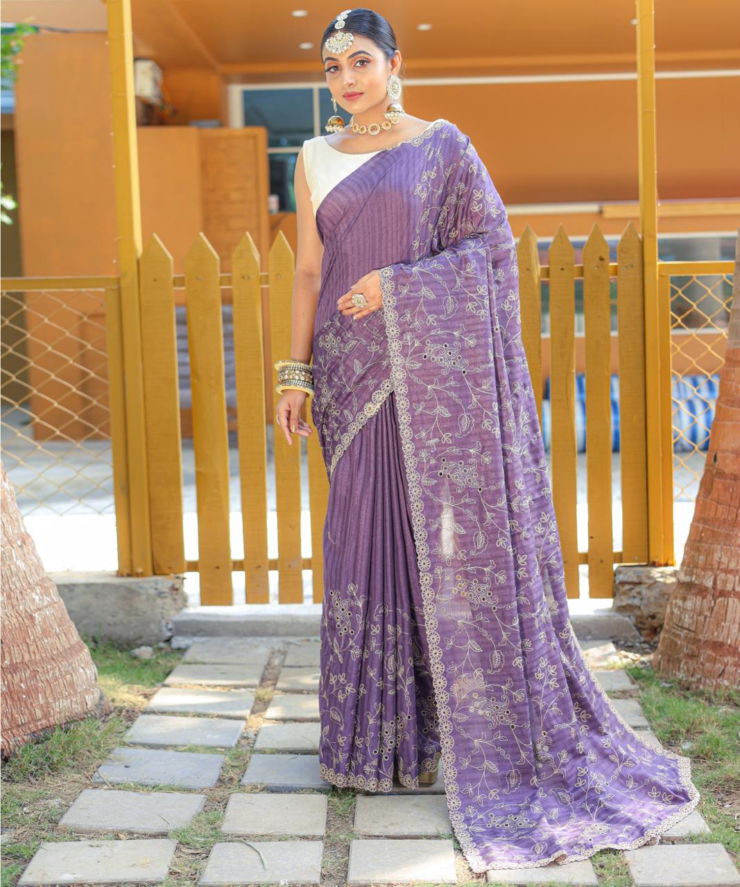 Women's Royal Prussian Blue Georgette Saree with Intricate Silver Thread & Mirror Work Embroidery â Perfect for Festive & Wedding Celebrations - Purple And Lavender
