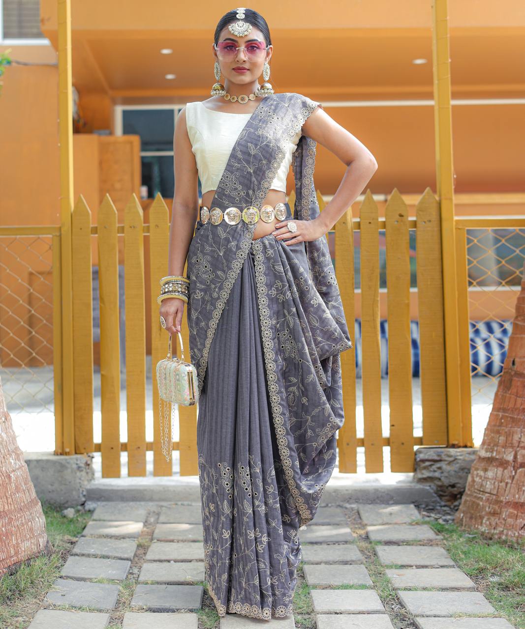 Women's Royal Prussian Blue Georgette Saree with Intricate Silver Thread & Mirror Work Embroidery â Perfect for Festive & Wedding Celebrations - Grey