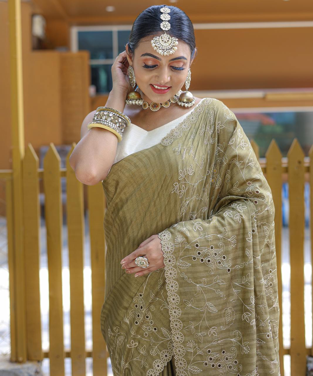 Women's Royal Prussian Blue Georgette Saree with Intricate Silver Thread & Mirror Work Embroidery â Perfect for Festive & Wedding Celebrations - Olive Green/Khaki Green