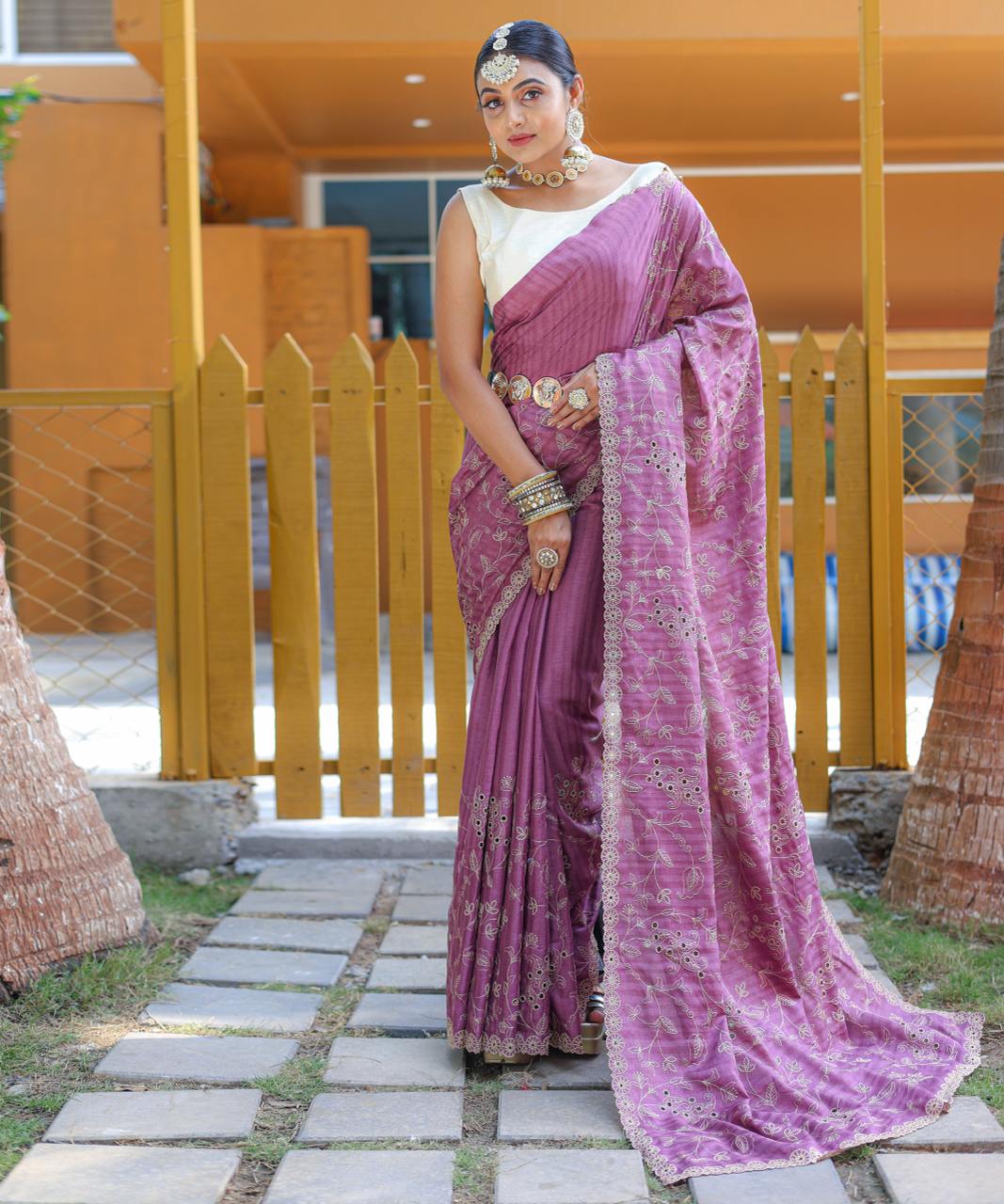 Women's Royal Prussian Blue Georgette Saree with Intricate Silver Thread & Mirror Work Embroidery â Perfect for Festive & Wedding Celebrations