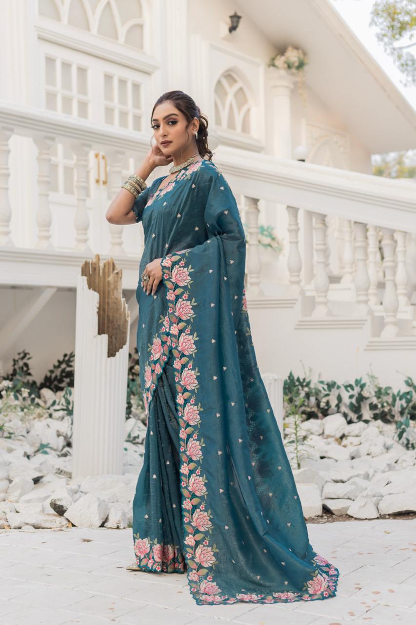 Women's Pristine White Organza Saree with Exquisite Pink & Green Floral Thread Embroidery â Complete with Matching Embroidered Blouse for Festive & Summer Wear - Teal Blue