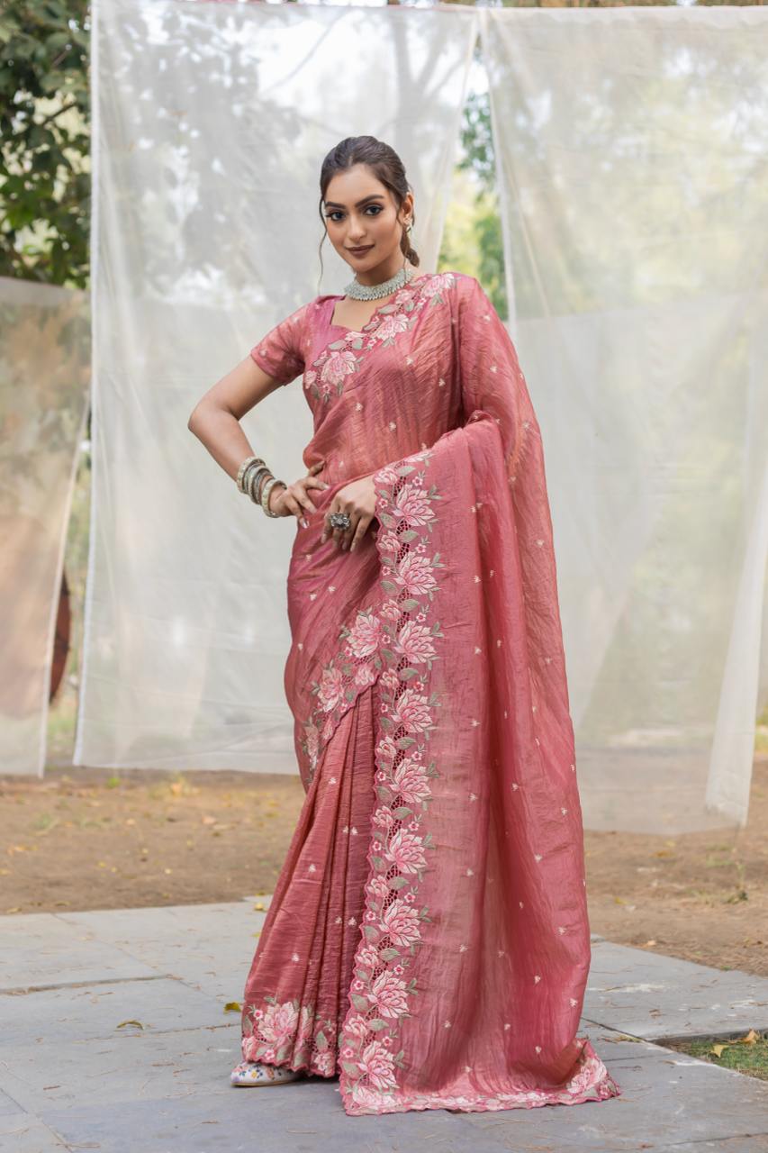Women's Pristine White Organza Saree with Exquisite Pink & Green Floral Thread Embroidery â Complete with Matching Embroidered Blouse for Festive & Summer Wear