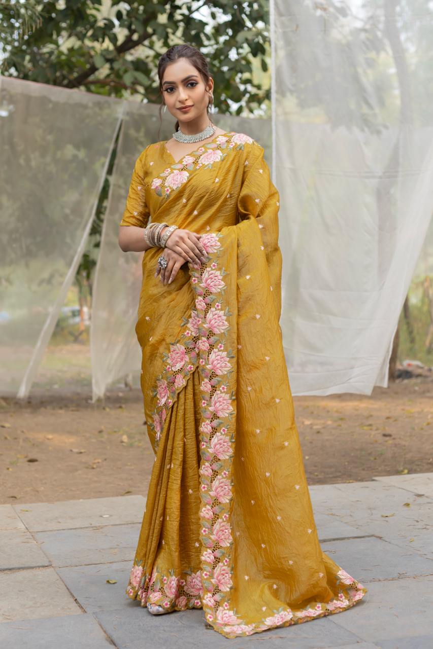 Women's Pristine White Organza Saree with Exquisite Pink & Green Floral Thread Embroidery â Complete with Matching Embroidered Blouse for Festive & Summer Wear - Mustard Yellow