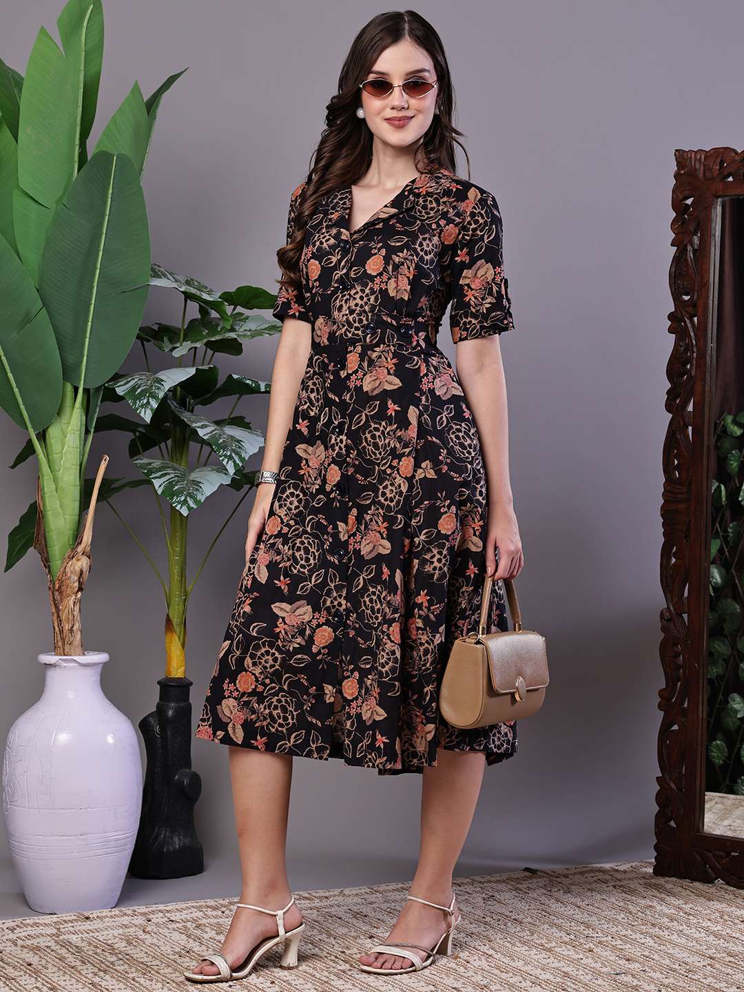 Women's Chic Black & Rust Floral Print Button-Front Midi Dress - L