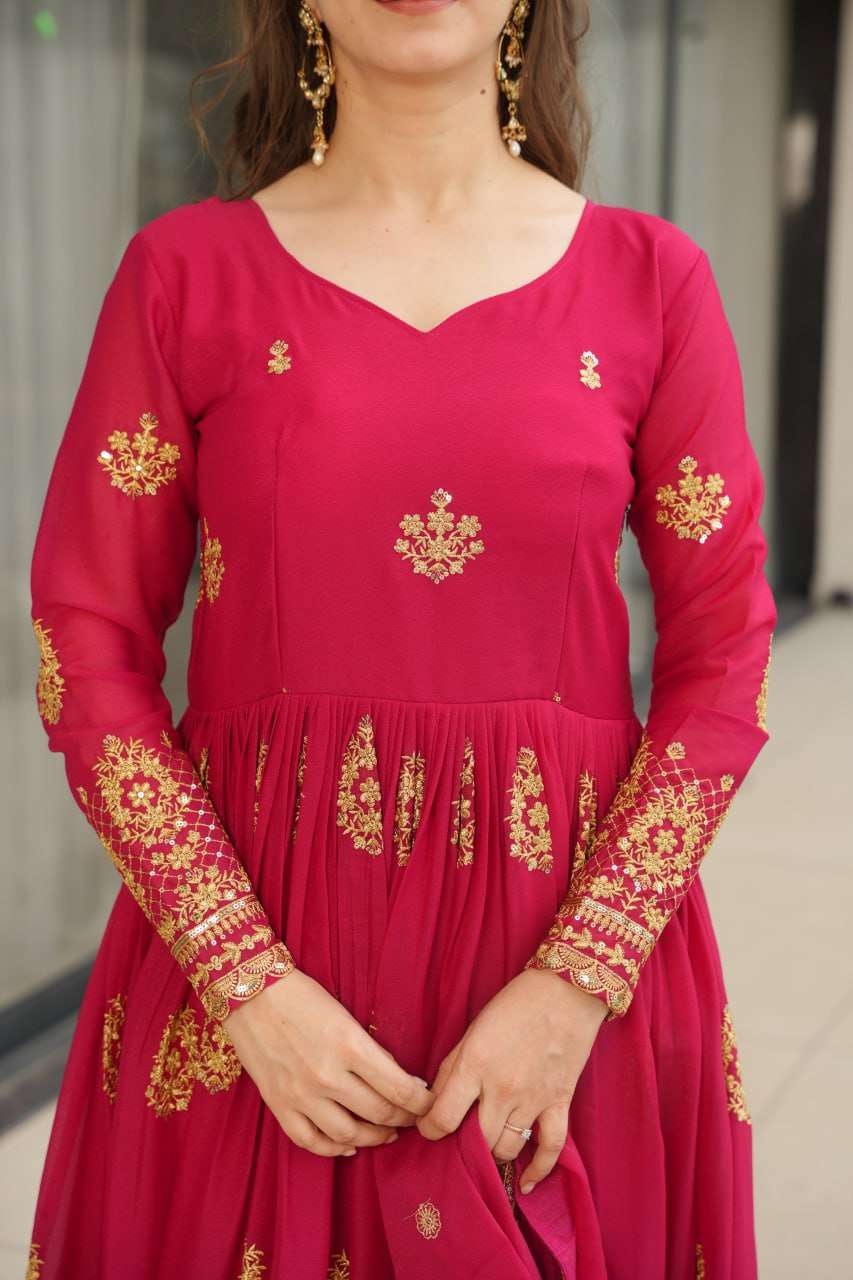 Womenâs Ethnic Anarkali Style Floor-Length Gown in Magenta with Golden Zari Embroidery â Festive & Wedding Wear - Dark Pink, XL (42)