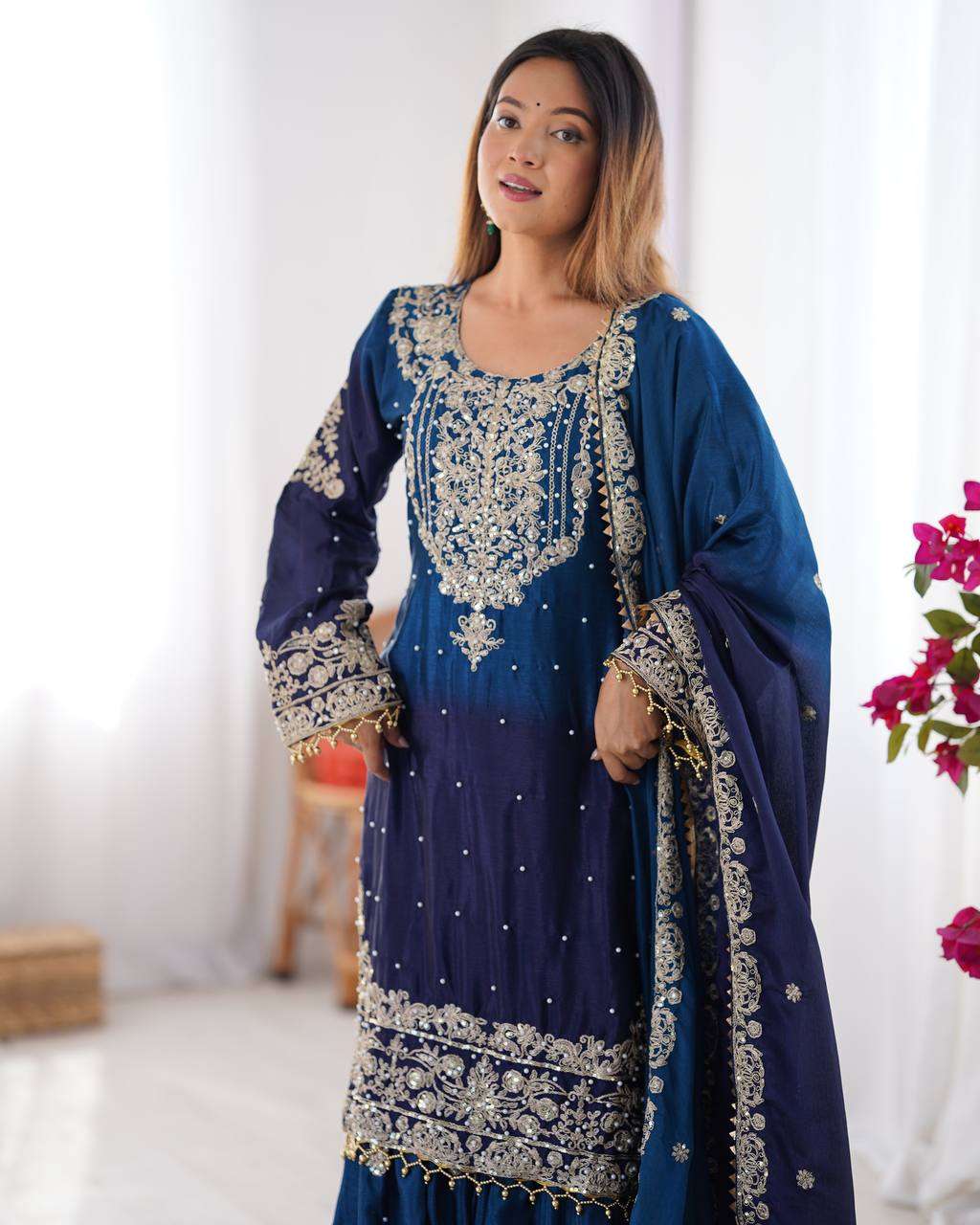 Women's Chinon Silk Sequence With Rivet Moti Work Straight Kurta With Sharara and Dupatta Set - Blue, XL