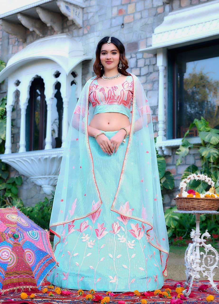 Women's Tussar Silk Patola Printed Lehenga Set with Dupatta ? Stitched with Can Can Flair - Sky Blue