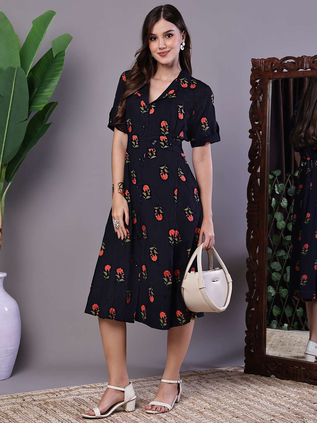 Women's Elegant Indigo & Orange Floral Block Print Cotton Shirt Dress - L