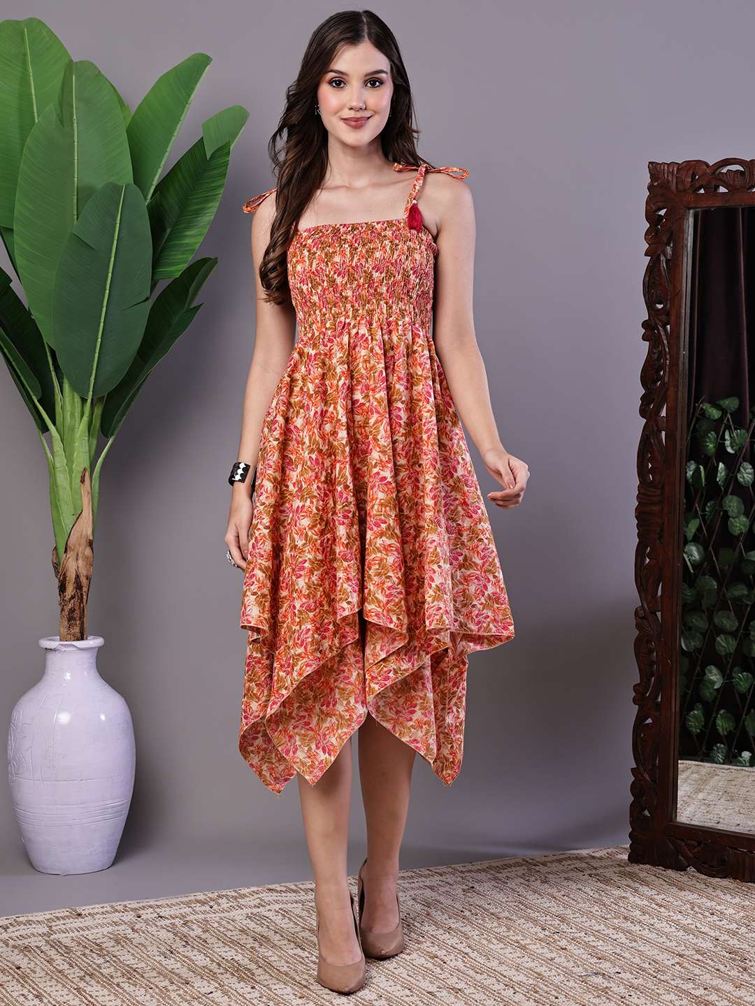 Women's MultiColor Floral Printed Cotton Handkerchief Hem Dress Midi Dresses - L