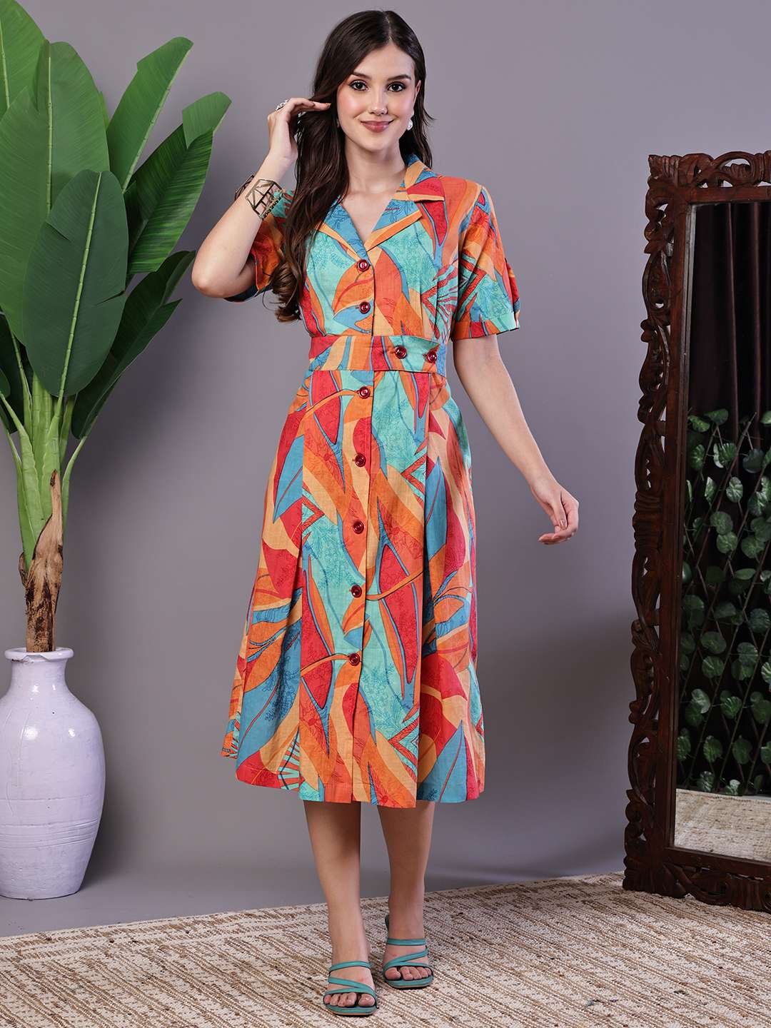Women's Tropical Print Button-Down Cotton Midi Dress - L