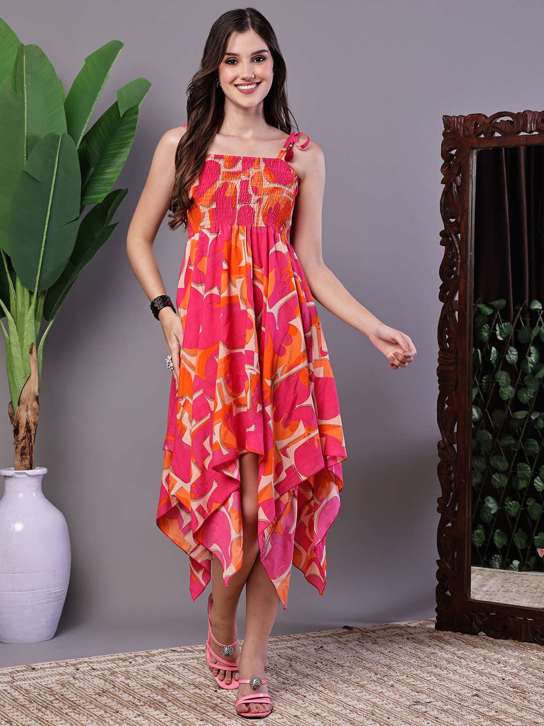 Women's Orange & Pink Printed Cotton Handkerchief Hem Dress Midi Dresses - L