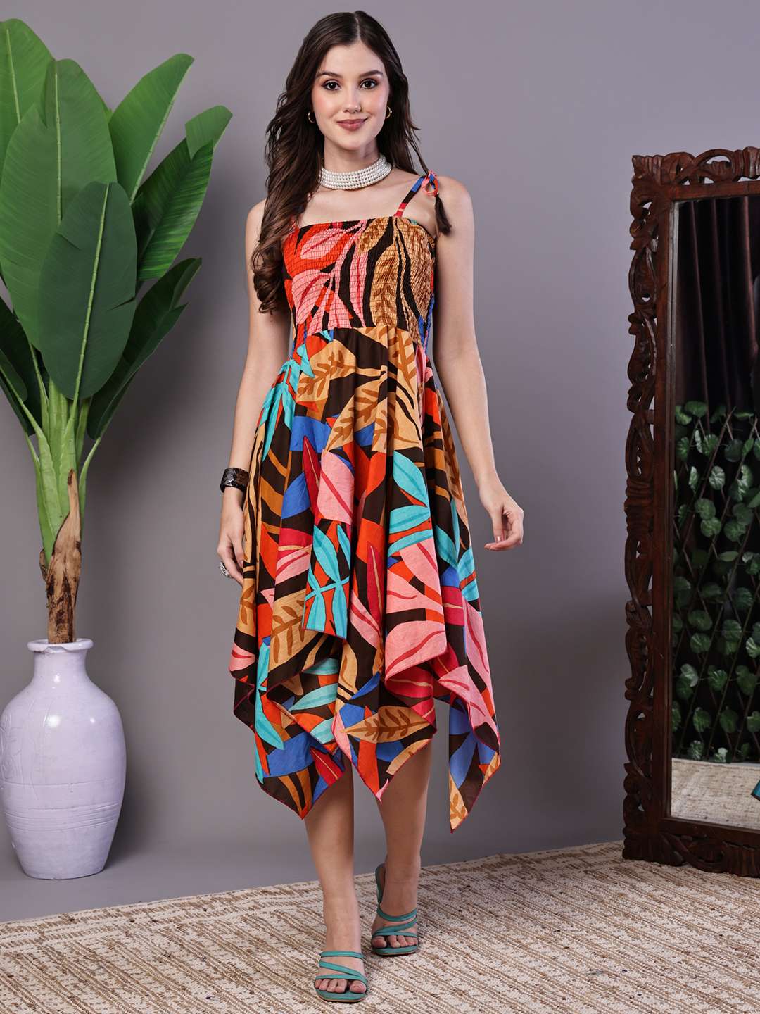Women's MultiColor Abstract Print Cotton Handkerchief Hem Dress Midi Dresses - L