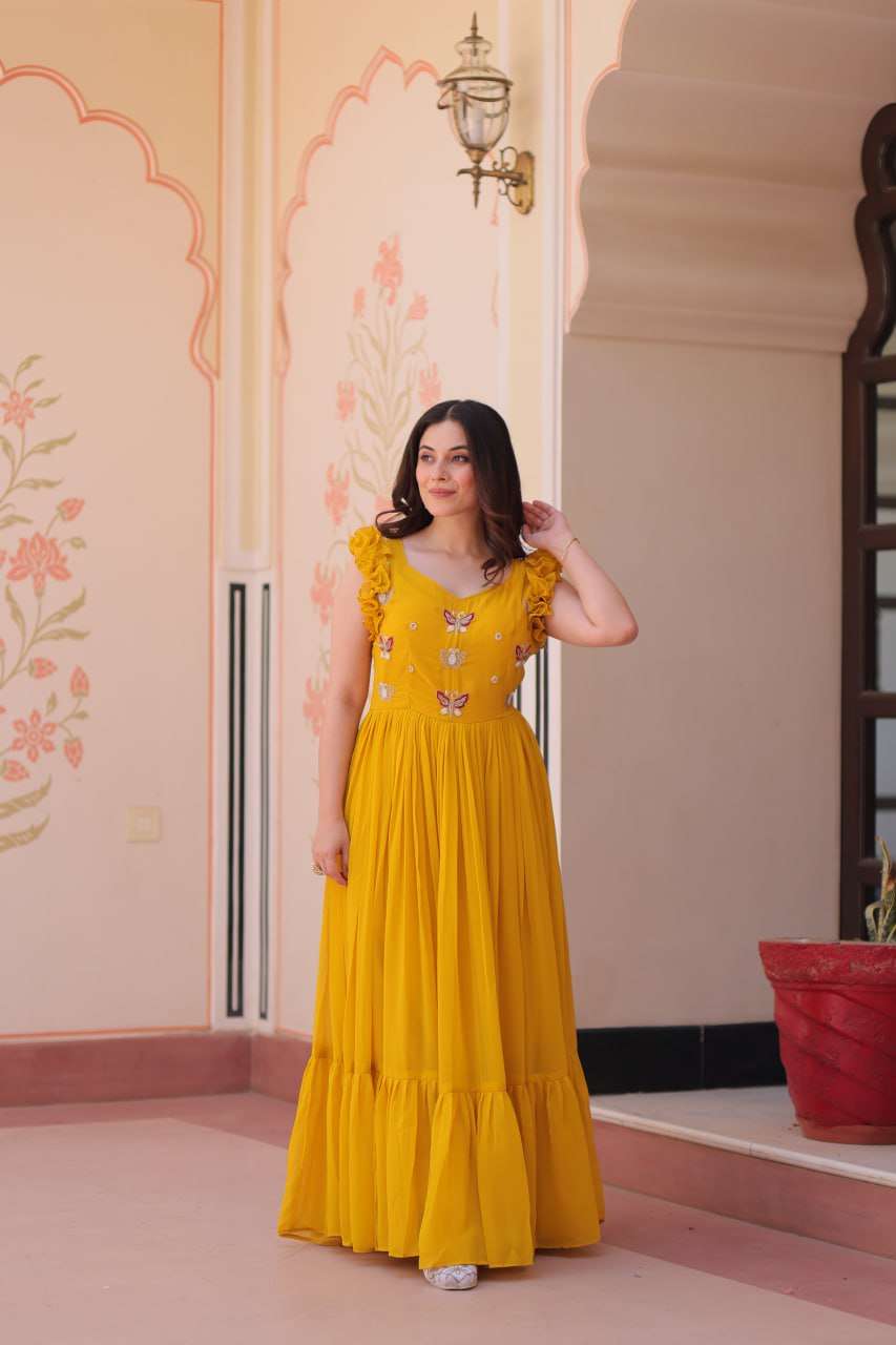 Women's Elegant Plum Purple Georgette Anarkali Gown with Butterfly Applique & Ruffle Sleeves â Festive & Special Occasion Wear - Yellow, XL (42)