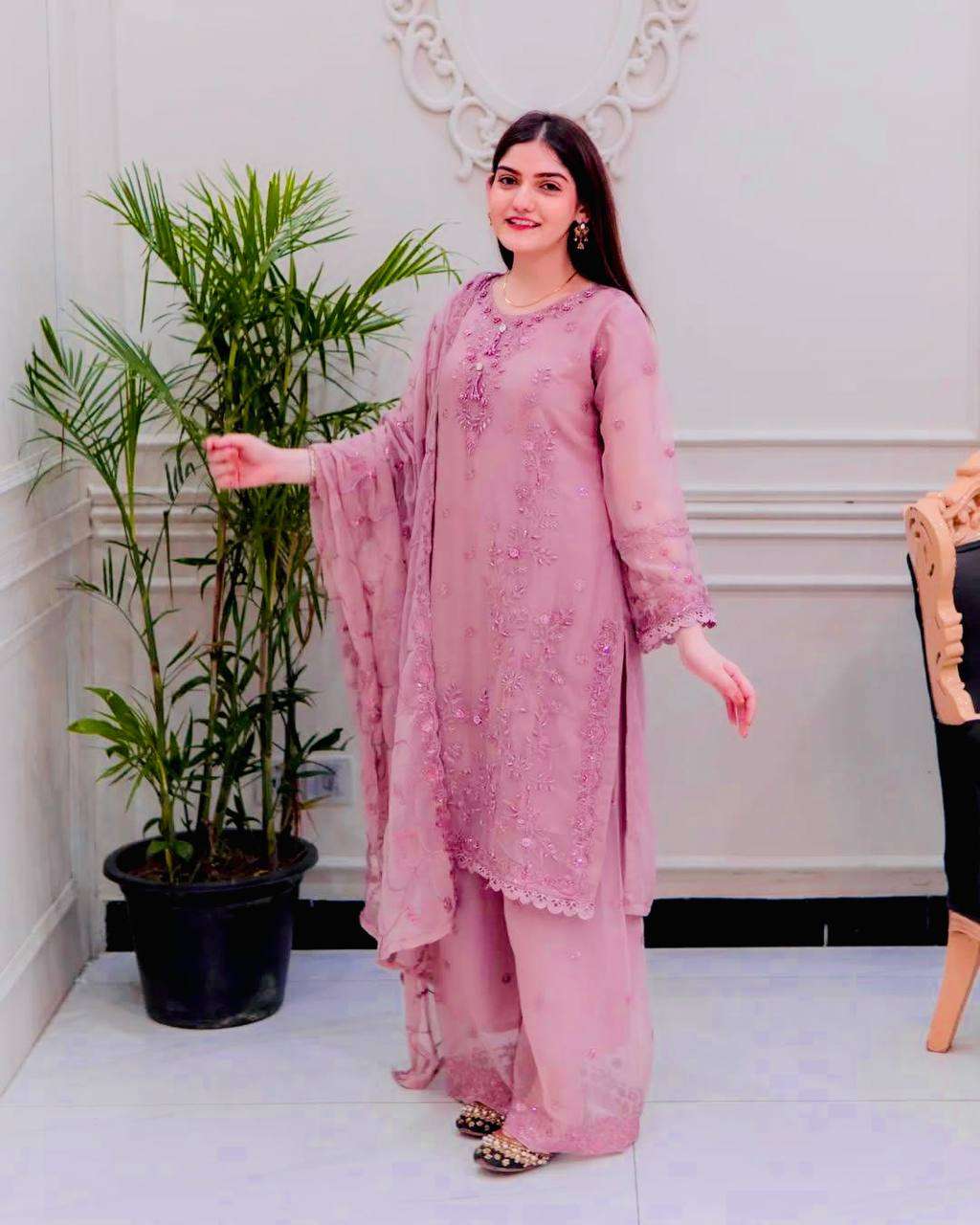 Women's Faux Georgette Embroidery work Straight Kurti With Pant and Dupatta Set - Onion Pink, L