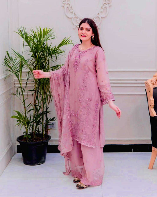 Women's Faux Georgette Embroidery work Straight Kurti With Pant and Dupatta Set - Onion Pink, XL