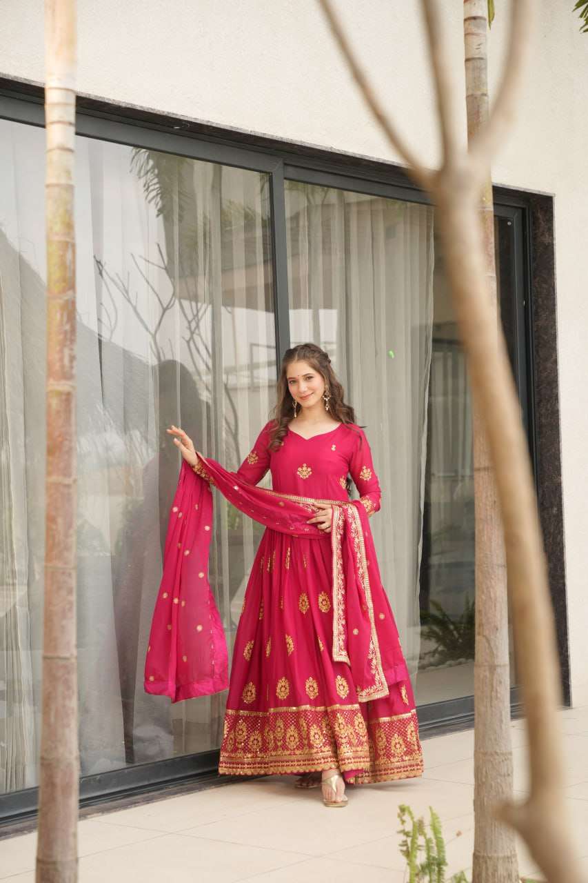 Womenâs Ethnic Anarkali Style Floor-Length Gown in Magenta with Golden Zari Embroidery â Festive & Wedding Wear - Dark Pink, M (38)