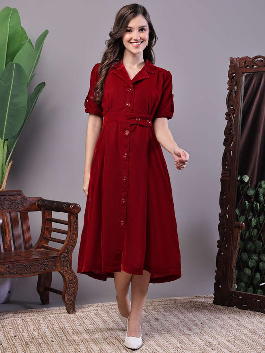 Women's Maroon Velvet Solid Printed Shirt Midi Dress with Belt - XL