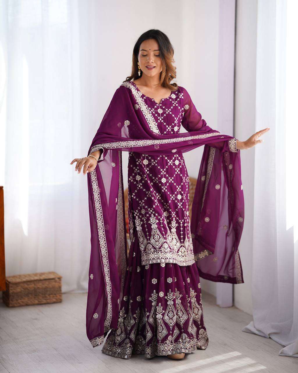 Women's Georgette Embroidery Work Straight Kurta With Sharara Suit and Dupatta Set - Wine, XXL