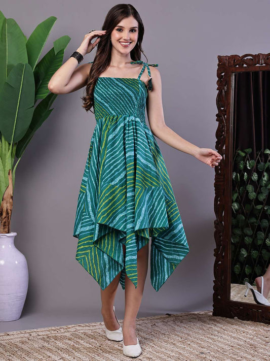 Women's Leheriya Asymmetrical Hem Smocked A-Line Dress Midi Dresses