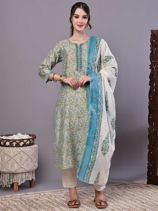 Women's Green & Blue Floral Chanderi Printed Kurta Set with Dupatta Suit Sets - M