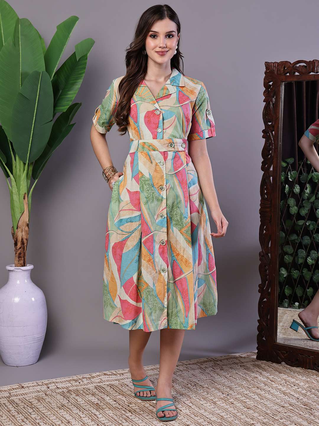 Women's Pastel Abstract Print Button-Down Cotton Midi Dress - M
