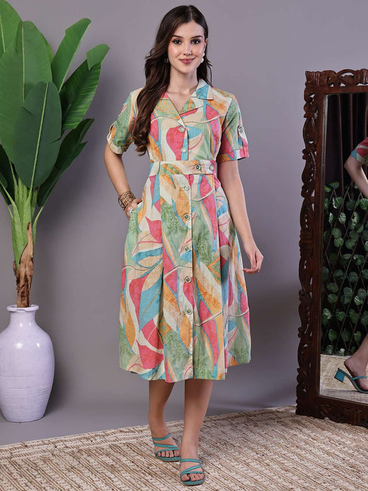 Women's Pastel Abstract Print Button-Down Cotton Midi Dress - L