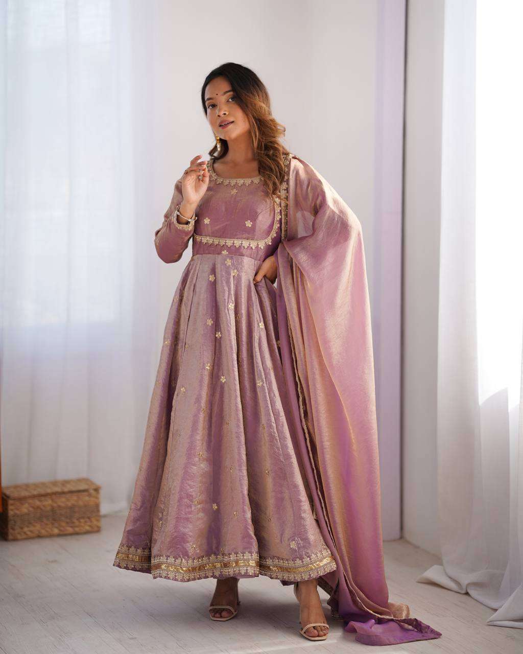 Women's Fandy Silk Coding with Sequnce work Long Anarkali Kurti Gown With Dupatta - Pink, L